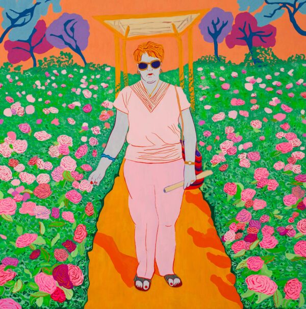 Technicolor painting of a woman walking through a path in a field of flowers