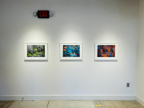 Three framed photos on a white wall
