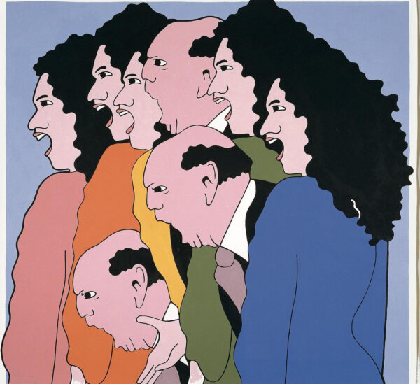 An acrylic painting of a group of people all singing with their mouths agape.