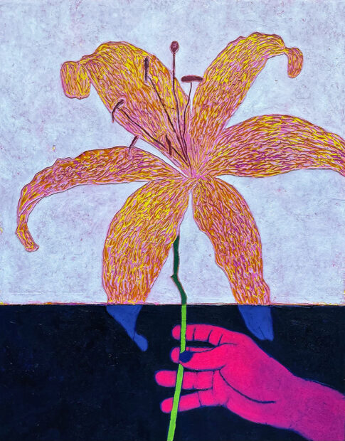 A painting by Johnny Floyd of a hand holding a large blooming flower.