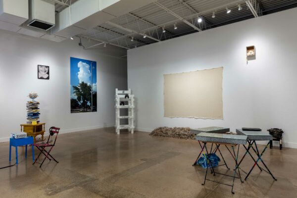 Installation view of sculptures in a space