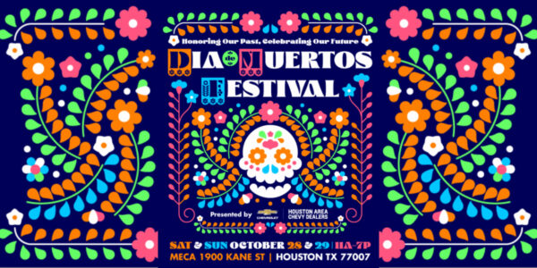 A designed graphic promoting a Dia de Muertos festival at MECA Houston.