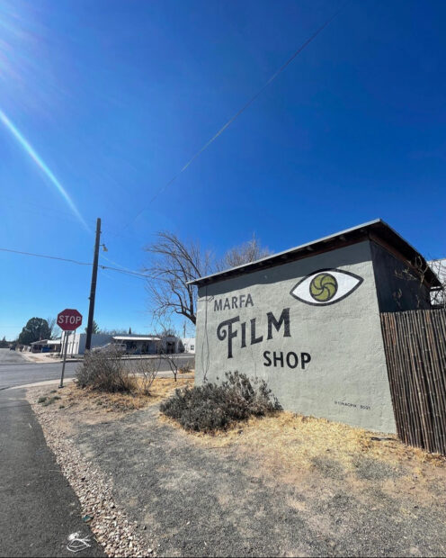 A photograph of the exterior of the Marfa Film Shop.