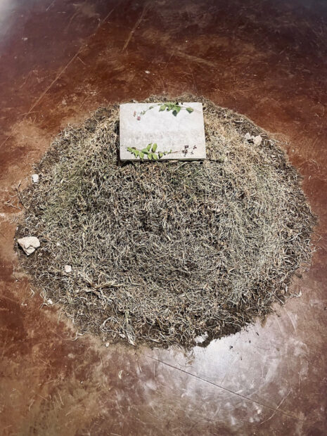 Installation photo of a mound of dirt with a headstone
