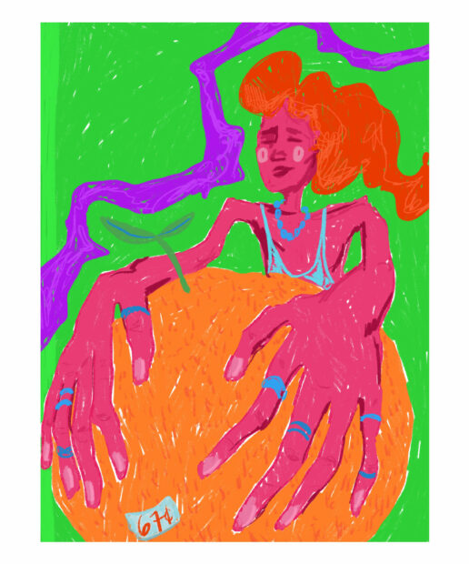 Technicolor drawing of a woman holding an orange with a green background