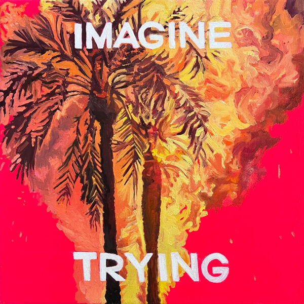 A painting by Ryan Sandison Montgomery featuring palm trees engulfed in flames with text that reads, "Imagine Trying."