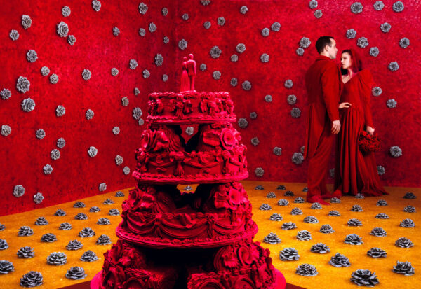 A couple in a corner with a red wedding cake in the foreground of a red room with a yellow floor
