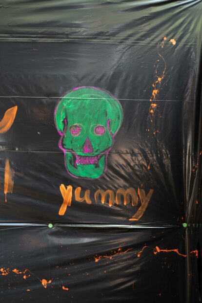 Pitcure of a black tarp with a green skull