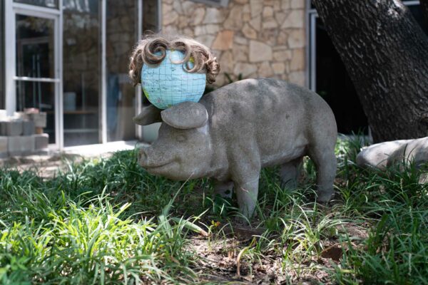 Picture of a lawn pig wearing a globe and a wig
