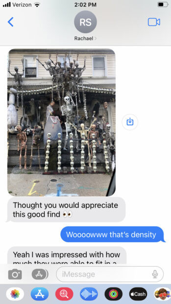Screen shot of a text message with a photo of halloween lawn decorations