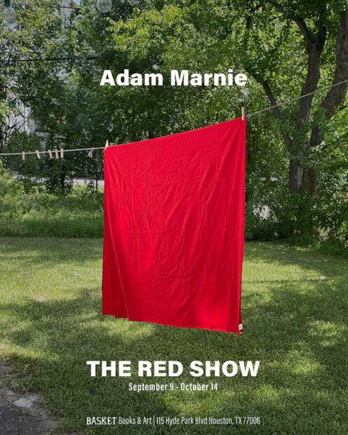 A promotional graphic featuring a red sheet hanging on a clothesline with text tha reads, "Adam Marnie The Red Show."