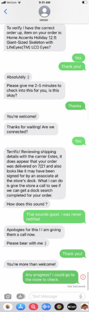 Screen shot of a text message exchange