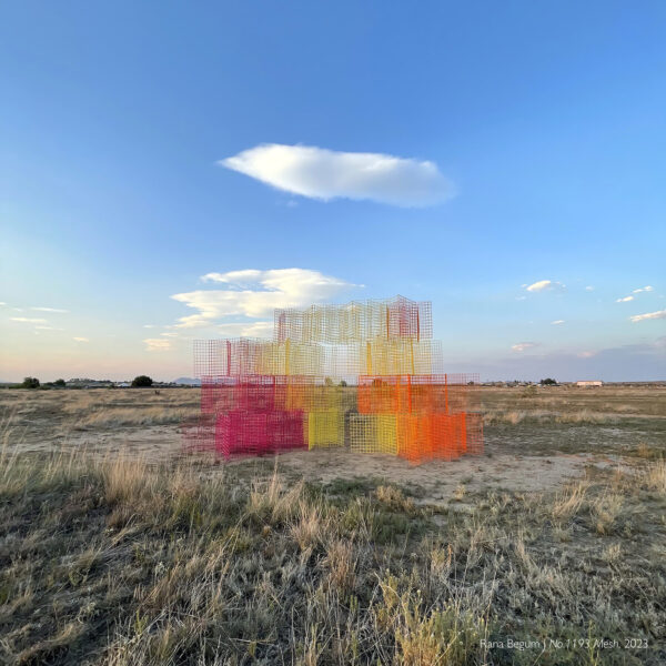 A photograph of a colorful wire mesh sculpture by Rana Begum displayed in a West Texas field.