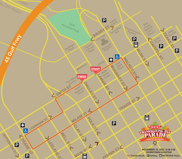 A map illustrating the route of the 2023 H-E-B Thanksgiving Day Parade in Houston.