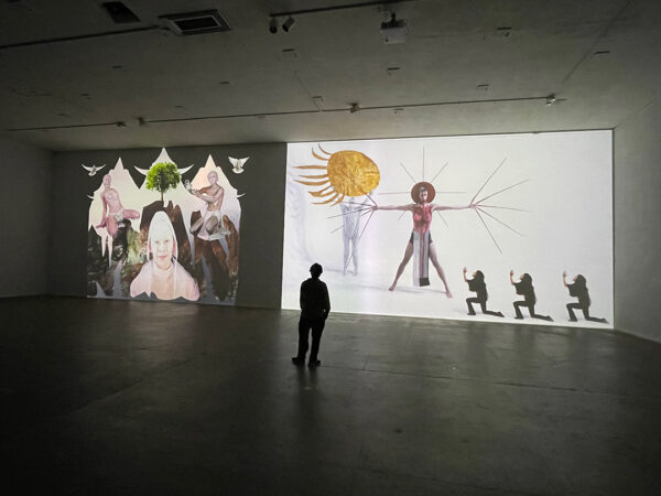 A photograph of video works by Anne Lukins and Andy P. Davis projected on a wall.