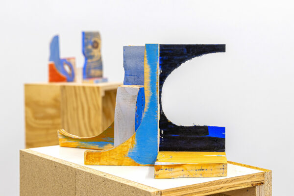 Detail of found object sculptures as bookends