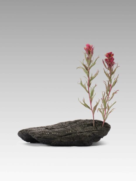 Image of a small sculpture of bark with flowers