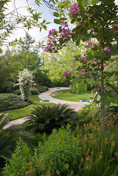 A photograph of a lush flora and a winding walking path inside Chris Park.