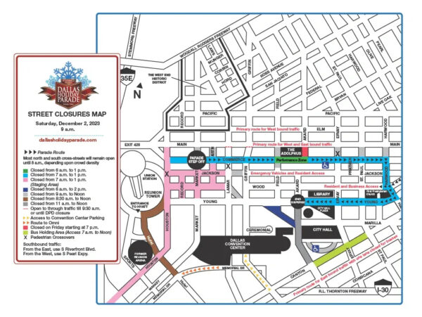 A map illustrating the route of the 2023 Dallas Holiday Parade.