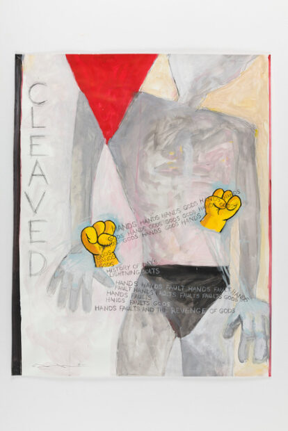 A mixed media work by Tery Allen featuring large text that reads "CLEAVED" alongside a stylized body and yellow cartoon hands of Homer Simpson.