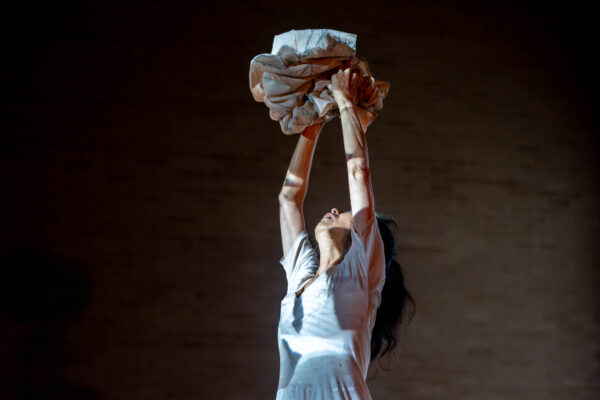 Image of an artist in a performance holding fabric over her head