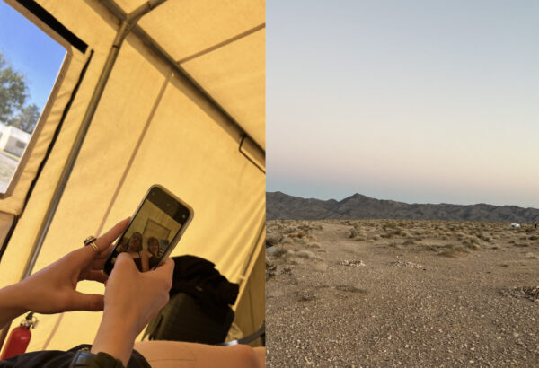 Photo of a facetime call on a phone screen on the right and a desert photo on the left
