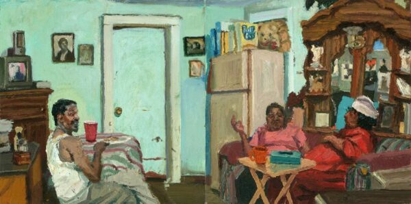 A painting by Sedrick Huckaby of family members sitting in a room and talking.