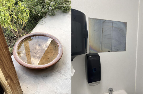 Image of a ceramic bowl of water on the left, and a print next to a paper towel holder on the right