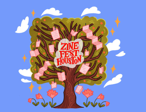 A designed graphic promoting Zine Fest Houston, featuring a tree filled with zines.