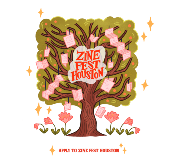 A designed graphic promoting Zine Fest Houston 2023.