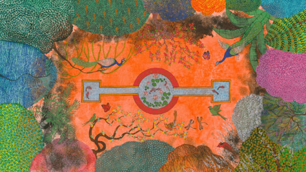 A work by Aisha Asim Imdad that appears to be an aerial view of a garden or nature area with trees lining the borders and a koi pond at the center.