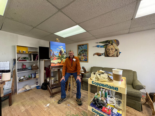 A photograph of artist Anthony Brown in his studio at the Center for Contemporary Arts in Abilene.