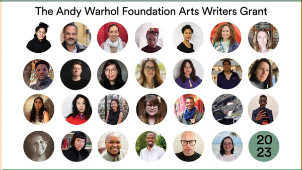 A designed graphic including a grid of 27 headshots of writers who have been awarded The Andy Warhol Foundation Arts Writers Grant.