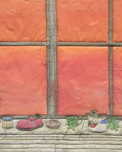 A textile work by Beronica Gonzales depicting small potted plants on a window ledge.