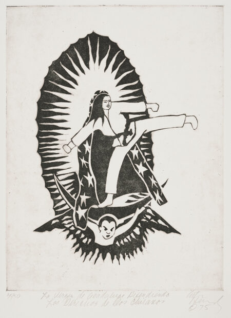 An etching by Ester Hernández of the Virgin of Guadalupe dressed in a karate uniform and kicking the air.