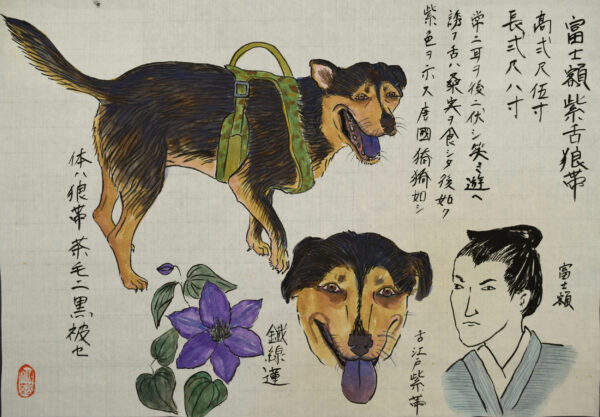 Drawing of two dogs and a portrait of a person in the lower right corner