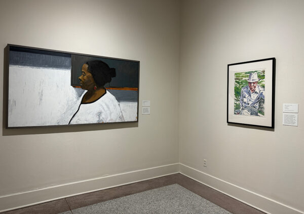 An installation image of works by Riley Holloway and Karl E. Hall.