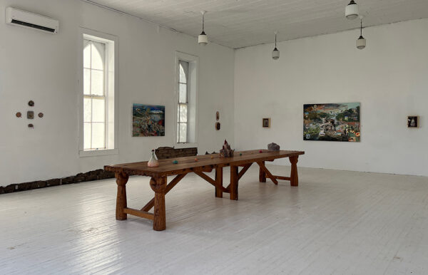 An installation image of an exhibition by Jacqueline Zazueta and Zak Ziebell at Do Right Hall in Marfa.