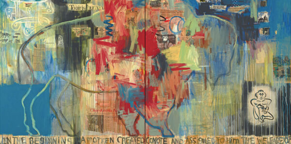 A large-scale abstract painting by Jaune Quick-to-See Smith featuring a large outline of a buffalo with collaged and painted over newspaper clippings in the background.