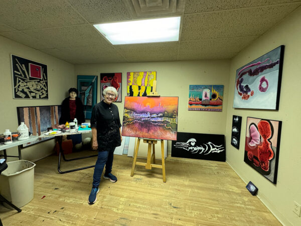 A photograph of artist Katy Presswood in her studio at the Center for Contemporary Arts in Abilene.