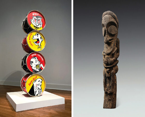 Side by side images of a contemporary sculpture by Kris Pierce and an Ambrym Grade figures with tusks.
