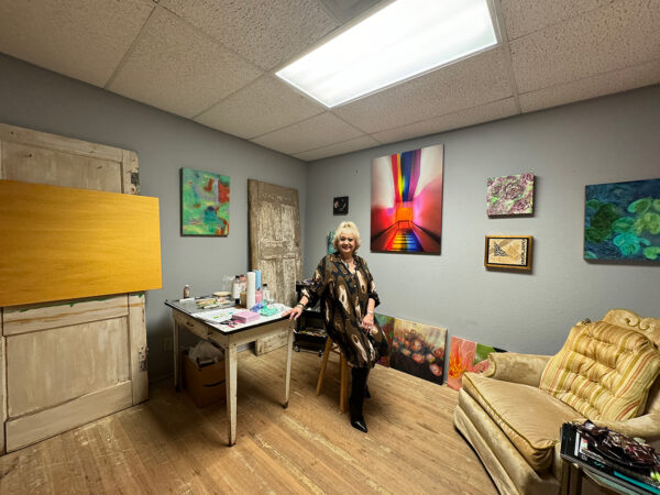 A photograph of artist Peggy Shepard in her studio at the Center for Contemporary Arts in Abilene.