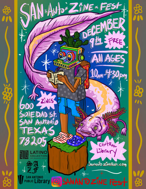 A designed graphic promoting the 2023 San Anto Zine Fest.