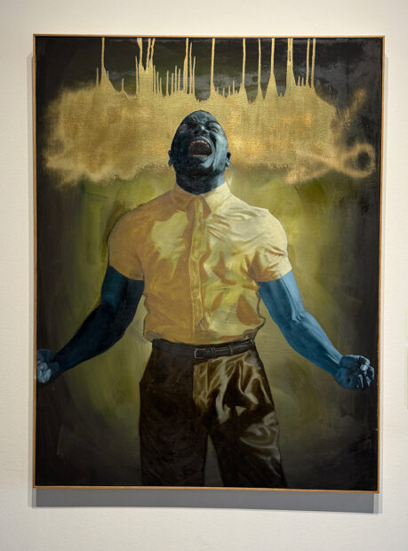 A photograph of a painting by Spencer Evans featuring a blue-skinned man dramatically screaming.