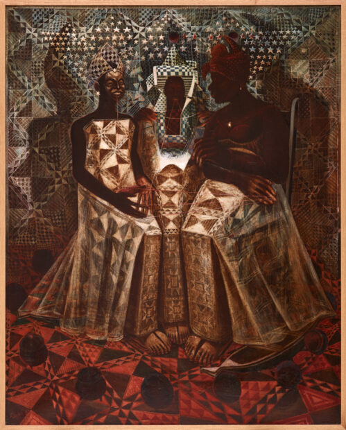A painting by John Thomas Biggers featuring three female figures in front of a patterned background.