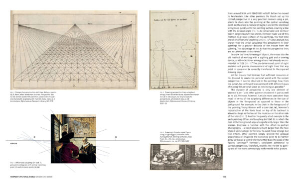 A spread from a book featuring an artwork by Vermeer and accompanying perspective drawings.