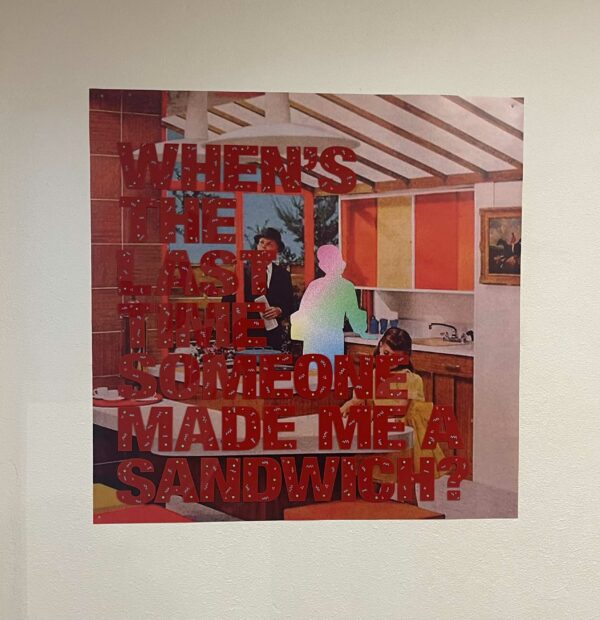 Image of a work with a kitchen scene and words