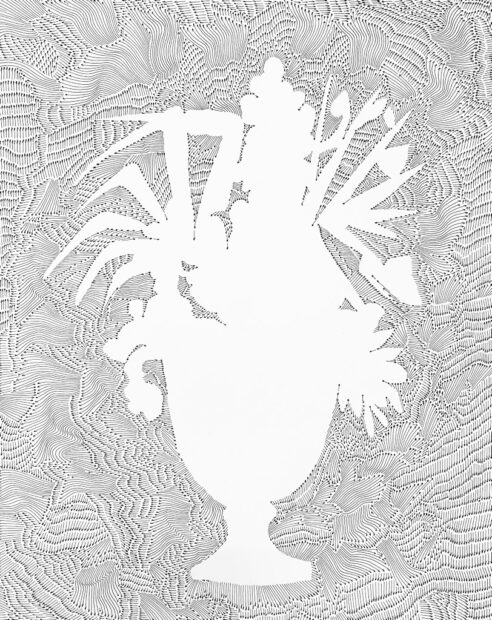 A work by Andrea Bianconi featuring a negative space image of a flower arrangement in a vase.