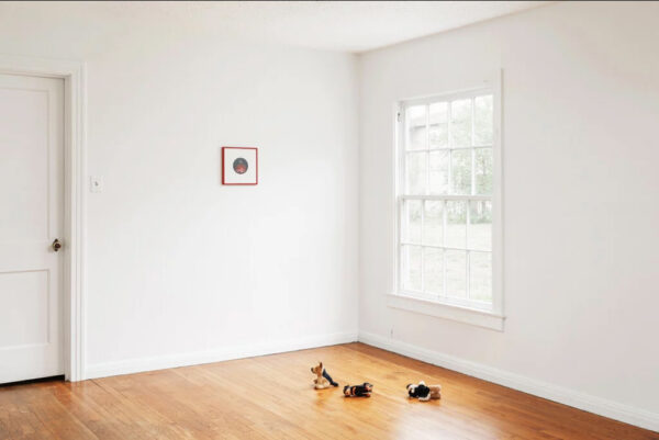 In a well-lit gallery space, small sculptures of dogs lay on the ground in front of a framed photo.