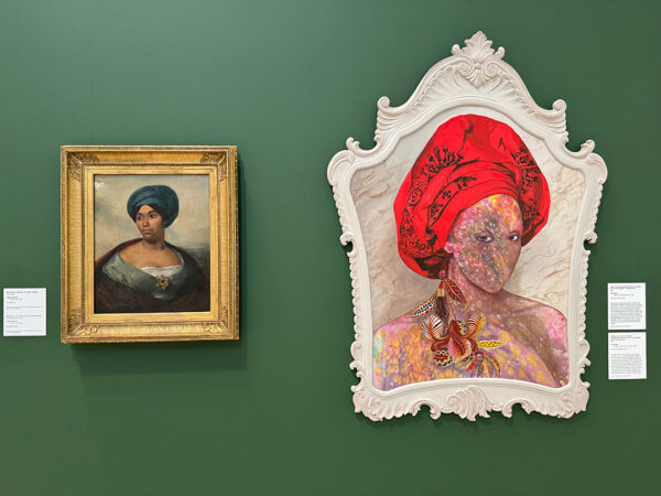 An installation image of paintings by Works by Eugène Delacroix and Firelei Báez.